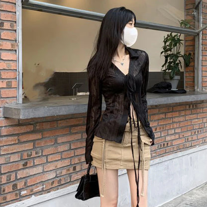 Gidyq Women Streetwear Shirts Fashion Lace Up Long Sleeve Blouse Korean Y2K Casual Female Loose Sun Protection Shirts Spring New