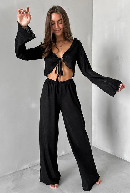 Mozuleva Women's Summer Loose Casual Long Sleeved Pants Set Soft Comfortable Fashion Home Clothes Solid Color Basic Pajamas Set