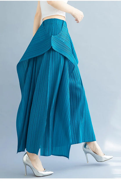 Miyake 2025 New Pleated Pants Irregular Wide-legged Pants Simple Loose Large Size with Elastic Formal Occasions Commuter Women's