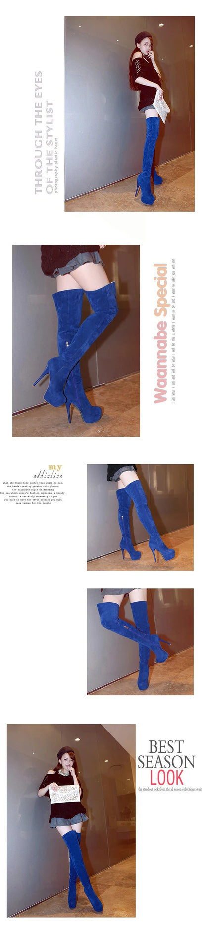 Winter Warm Plush Ultra-High Stiletto Long-Tube Women's Boots High Waterproof Platform Side Zipper Over-The-Knee Boots 2024