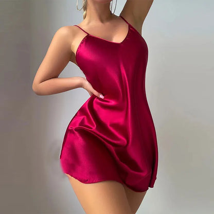 1 Piece Sexy V-Neck Women Satin Camisole Night Dress Female Pajamas Silky Lingerie Sleeveless Backless Nightgown Thin For Summer