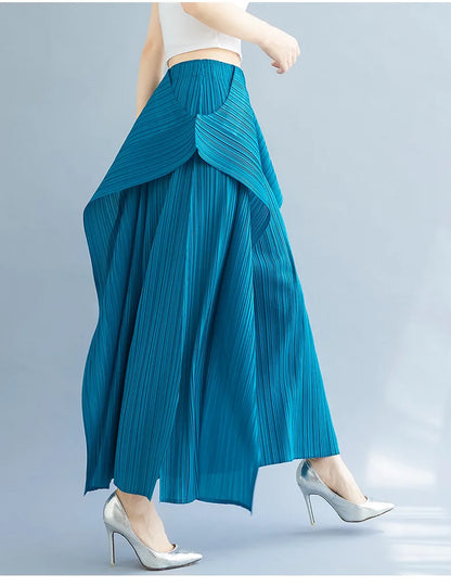 Miyake 2025 New Pleated Pants Irregular Wide-legged Pants Simple Loose Large Size with Elastic Formal Occasions Commuter Women's