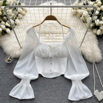 French Chic Halter Blouses Femininas Bow Flare Sleeve Short Tops Dames HighStreet Blusa Mujer Casual Shirts Clothes Dropshipping