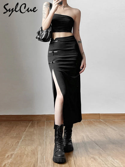 Nibber Black Sexy Split Simple Casual All-Match Hot Street Outing Cool Mature Vitality Personality Trend Basic Women'S Skirt