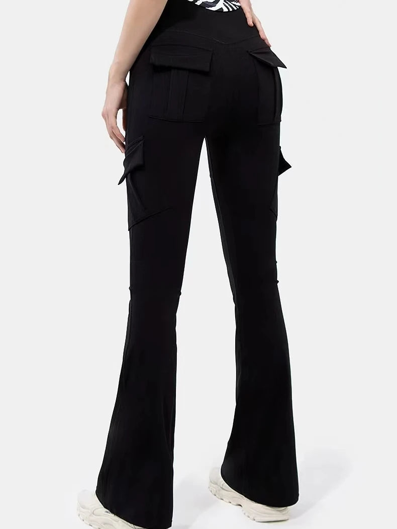 New Women Casual Bootleg Yoga Pants Plus Size Workout Flare Leggings High Waist dungarees  Pants with Pockets Sports Wear