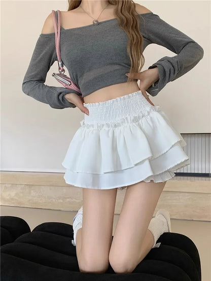 Mini Skirt Cute Sexy Balletcore Elastic High Waist Ball Gown Ruffle Patchwork Lolita Skirt Short Korean Sweet Y2K Women Clothing
