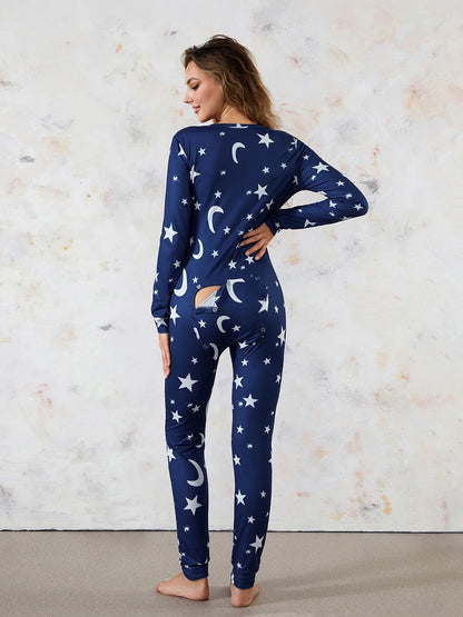 Women's 1Piece Lounge Pajamas Star Print Sexy Butt Button Back Flap Jumpsuit Sleepwear Romper Oversized Homewear