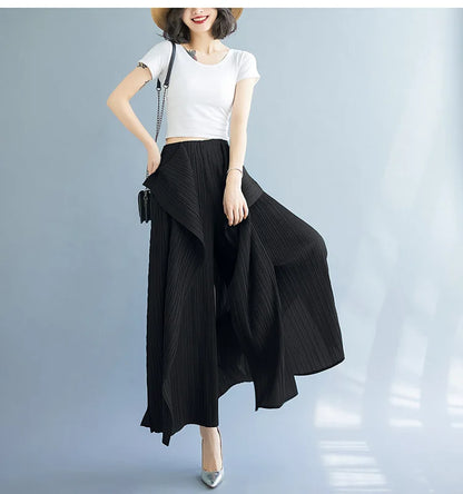 Miyake 2025 New Pleated Pants Irregular Wide-legged Pants Simple Loose Large Size with Elastic Formal Occasions Commuter Women's
