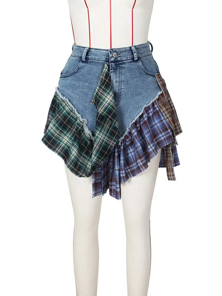 DEAT Fashion Women's Denim Skirt High Waist Irregular Lattice Patchwork Slight Strech Mini Skirts Summer 2024 New Tide 17A9506