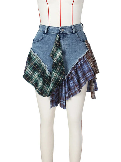 DEAT Fashion Women's Denim Skirt High Waist Irregular Lattice Patchwork Slight Strech Mini Skirts Summer 2024 New Tide 17A9506