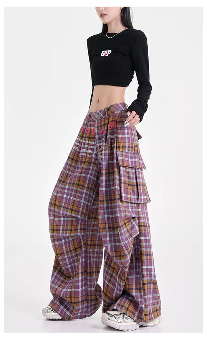 Summer Women Harajuku Fashion Plaid Pants Vintage Y2k Japanese Streetwear 2000s Baggy Pantalones Loose Casual Long Trousers Kpop