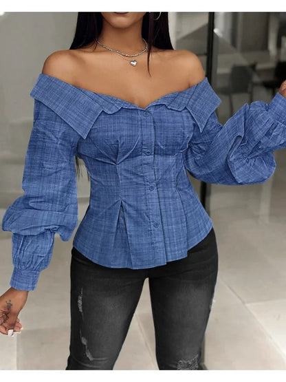 Elegant White Shirts for Women Lantern Sleeve Off Shoulder Top Lady Blosues Long Sleeve Ruched Design Feamel Clothes Spring 2025