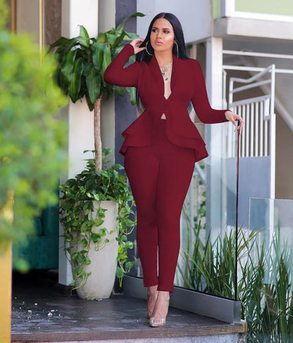 2025 Women's Formal Set 2PCS Tracksuit Full Sleeve Ruffles Blazers Pencil Pants Suit Two Piece Set Office Lady Outfits Uniform