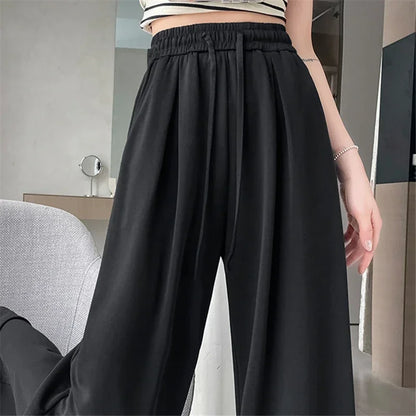 2024 New Summer Women's Casual Pants High Waist Solid Minimalism Loose Floor Length Wide Leg Trousers Female
