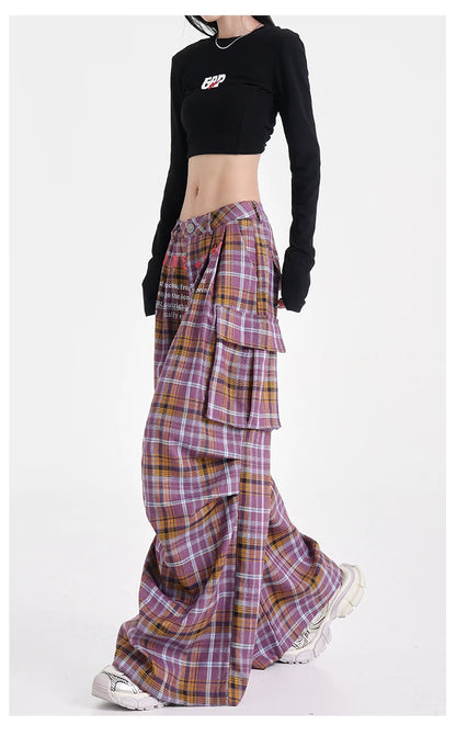 Summer Women Harajuku Fashion Plaid Pants Vintage Y2k Japanese Streetwear 2000s Baggy Pantalones Loose Casual Long Trousers Kpop