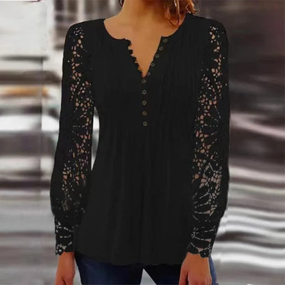 2025 European and American Spring and Autumn Fashion New Women's Lace Frill Sleeve Pleated Solid Color Button T-shirt Base Shirt