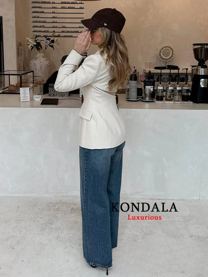 KONDALA Vintage Chic Office Lady Solid Women Suit Pockets V Neck Blazer Straight Loose Pants New Fashion 2025 Spring Autumn Sets