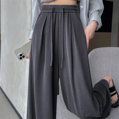 2024 New Summer Women's Casual Pants High Waist Solid Minimalism Loose Floor Length Wide Leg Trousers Female