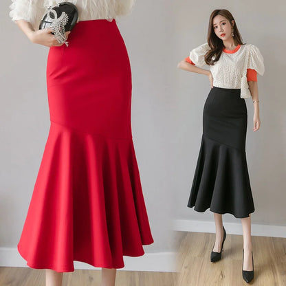 Seoulish Ruffles Solid Color Women's Skirts 2024 New Spring Summer Elegant High Waist Office Ladies Style Pencil Midi Skirts