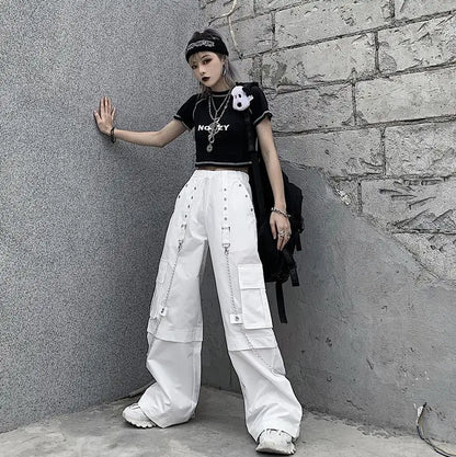 Women Trendy Vintage Casual Streetwear Pocket Cargo Pants Y2K Female High Waist White Hip Hop Loose Trousers Straight Pantalones