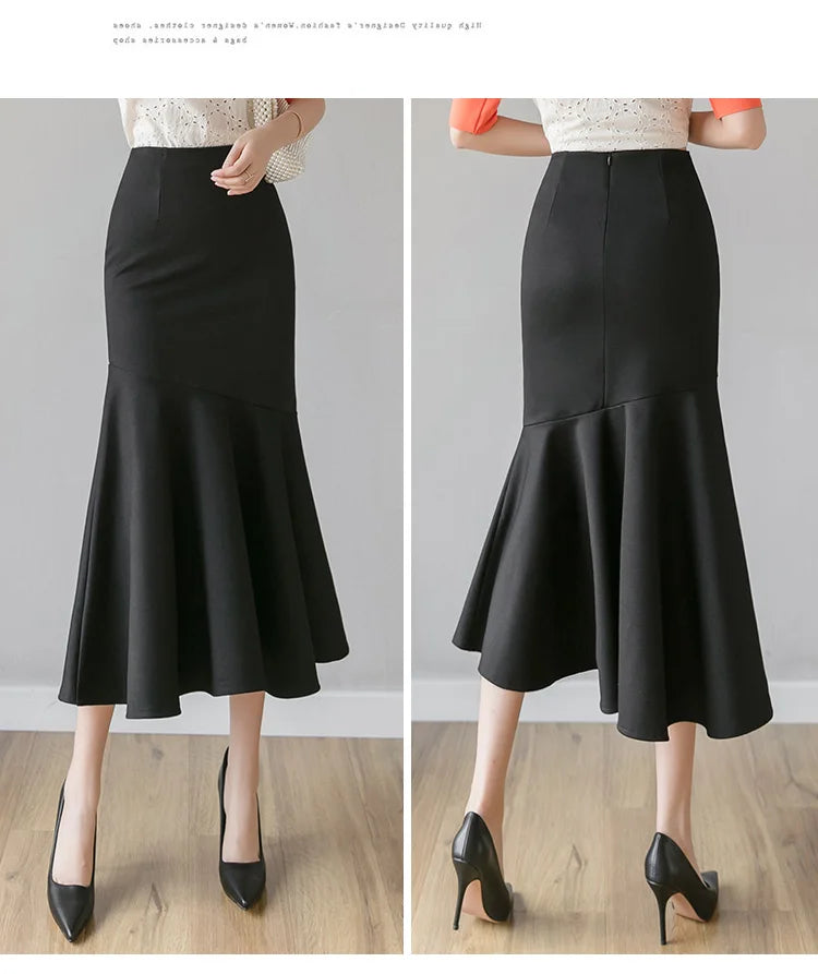 Seoulish Ruffles Solid Color Women's Skirts 2024 New Spring Summer Elegant High Waist Office Ladies Style Pencil Midi Skirts