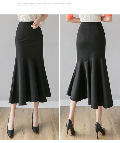 Seoulish Ruffles Solid Color Women's Skirts 2024 New Spring Summer Elegant High Waist Office Ladies Style Pencil Midi Skirts