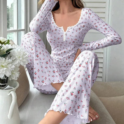 New Women Soft Comfortable sexy Floral Print Pajama Set Long Sleeve Top and Pants Loungewear Sleepwear Two Piece Set Homewear