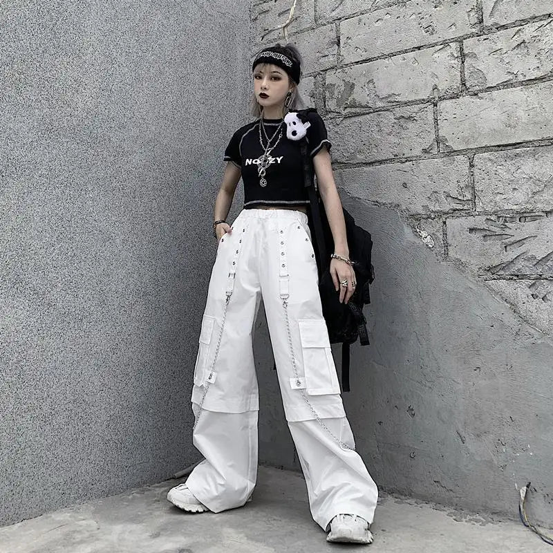 Women Trendy Vintage Casual Streetwear Pocket Cargo Pants Y2K Female High Waist White Hip Hop Loose Trousers Straight Pantalones
