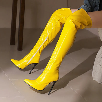 SGESVIER Women's Over the Knee High Boots Sexy Point Toe Autumn Winter Shoes Black Red Heeled Long Boot Ladies Party Shoes