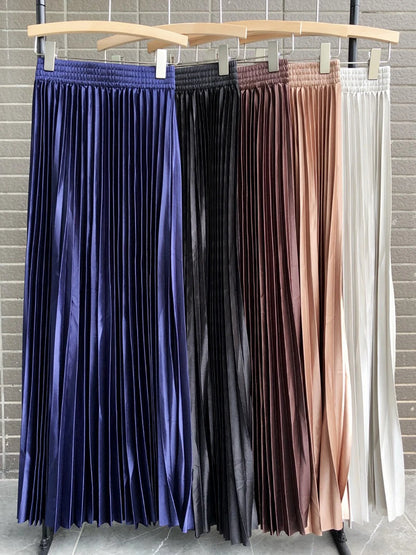 98cm Basics Maxi Pleated Skirt for Women New Korean Casual All-match Solid A Line High Waist Long Maxi Skirt Female