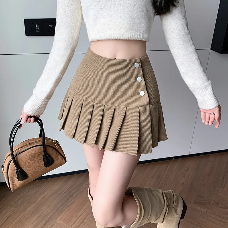 Autumn Winter Vintage Women Pleated Skirt With Button 2024 High Waisted Y2k Casual Cute School Short Skirts Female