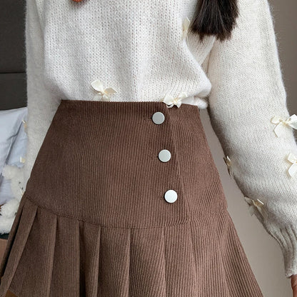 Autumn Winter Vintage Women Pleated Skirt With Button 2024 High Waisted Y2k Casual Cute School Short Skirts Female