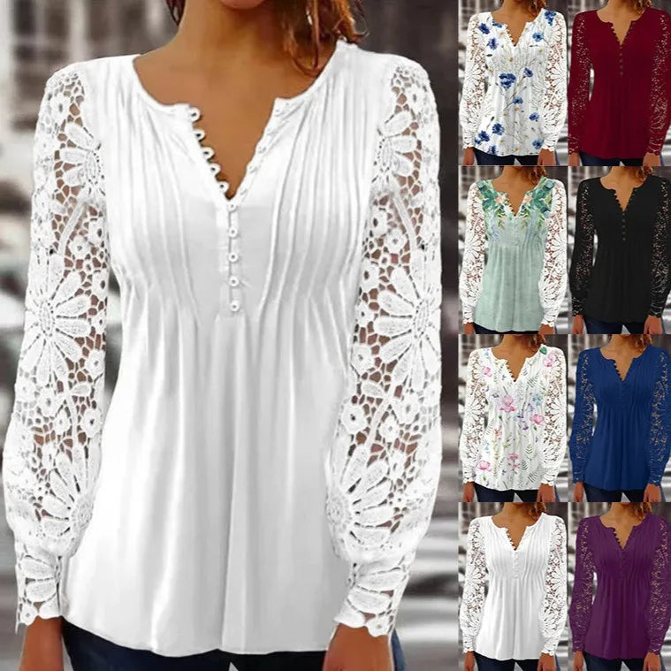 2025 European and American Spring and Autumn Fashion New Women's Lace Frill Sleeve Pleated Solid Color Button T-shirt Base Shirt