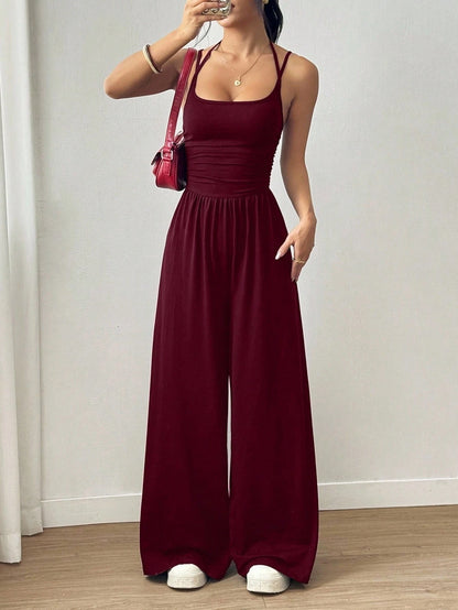 Women's Casual Solid Color Pleating Loose Straight Jumpsuit A-line Backless Halter Neck Slim Cami Jumpsuit Streetwear 2025