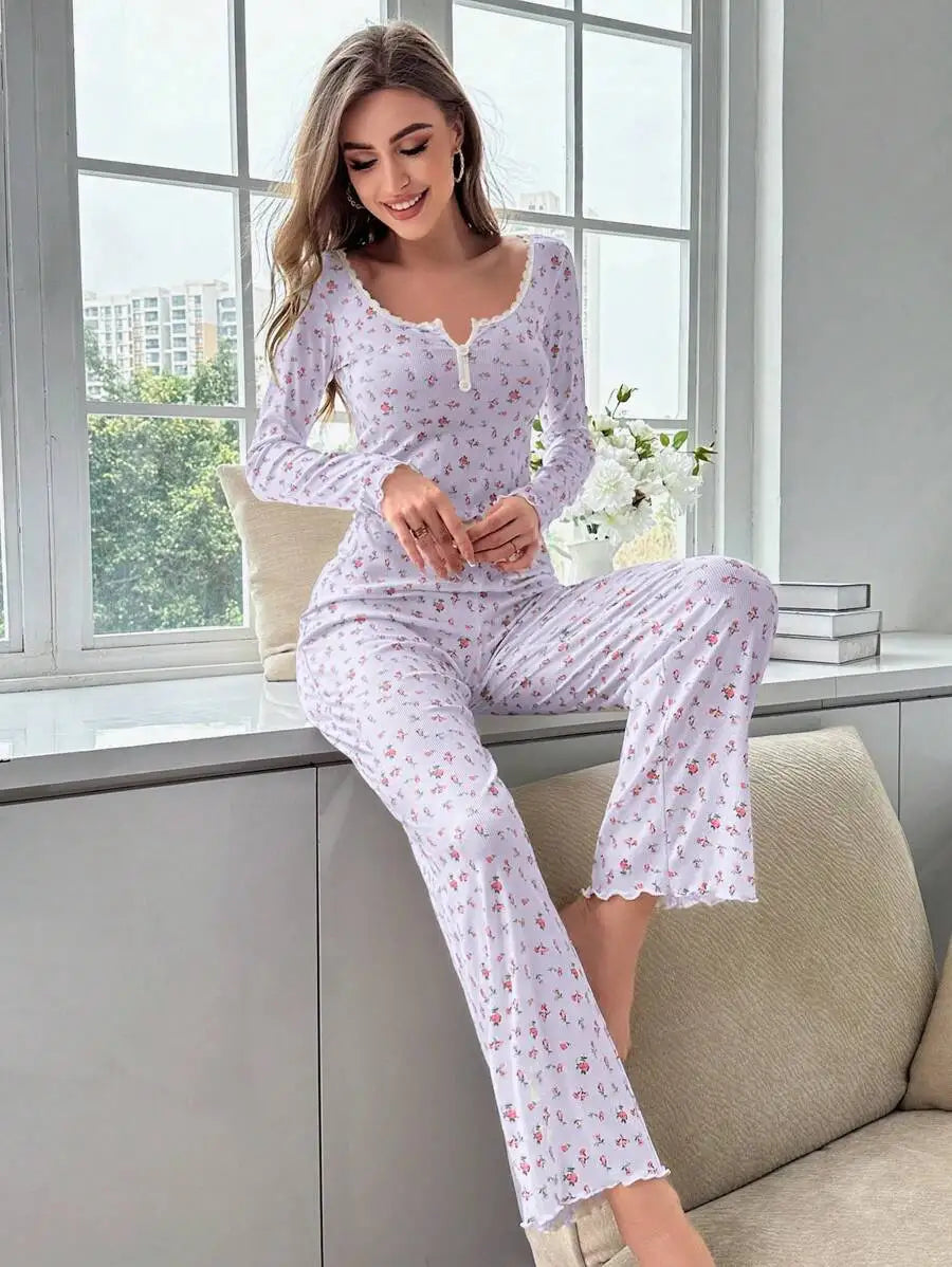 New Women Soft Comfortable sexy Floral Print Pajama Set Long Sleeve Top and Pants Loungewear Sleepwear Two Piece Set Homewear