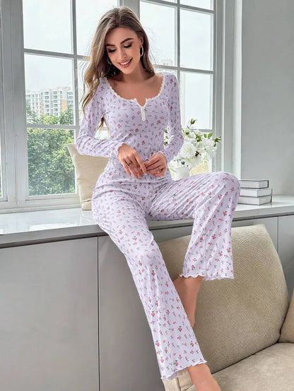 New Women Soft Comfortable sexy Floral Print Pajama Set Long Sleeve Top and Pants Loungewear Sleepwear Two Piece Set Homewear