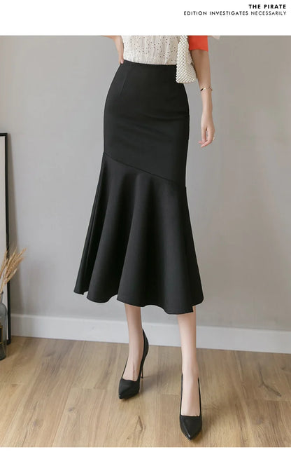 Seoulish Ruffles Solid Color Women's Skirts 2024 New Spring Summer Elegant High Waist Office Ladies Style Pencil Midi Skirts