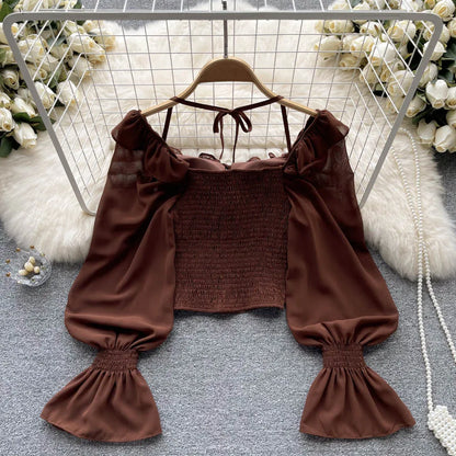 French Chic Halter Blouses Femininas Bow Flare Sleeve Short Tops Dames HighStreet Blusa Mujer Casual Shirts Clothes Dropshipping