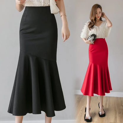 Seoulish Ruffles Solid Color Women's Skirts 2024 New Spring Summer Elegant High Waist Office Ladies Style Pencil Midi Skirts