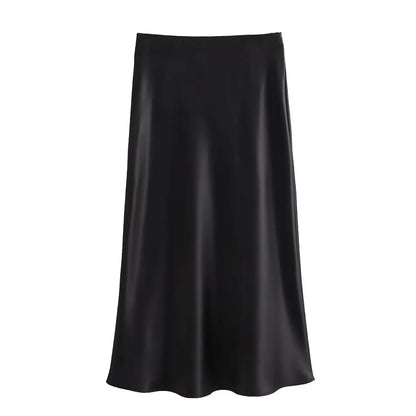 2024 Spring Summer New Women's High-Waisted Skirt European Style Silk-Satin Feeling Long Dress Solid Color Simple Design