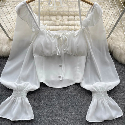 French Chic Halter Blouses Femininas Bow Flare Sleeve Short Tops Dames HighStreet Blusa Mujer Casual Shirts Clothes Dropshipping