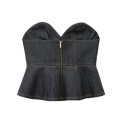 HH Female Spring Vintage Denim Blazer Long Sleeves Turn Down Collar Single Breasted Fake Pockets Street Fashion Coats