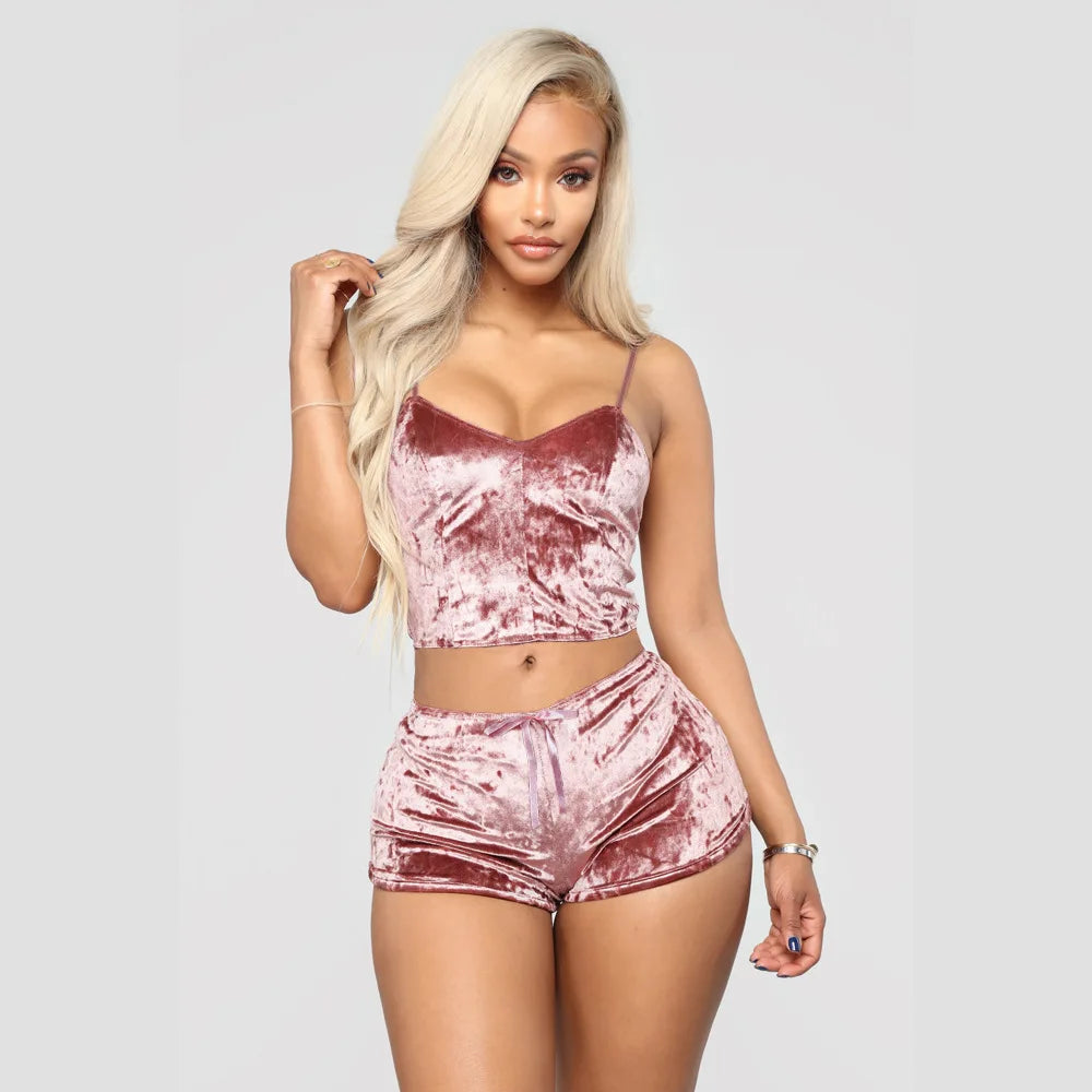 Women Sexy Strappy Pajama Set Women's Velvet Polyester Comfortable V-neck Underwear Home Clothes 2 Piece Sleeveless