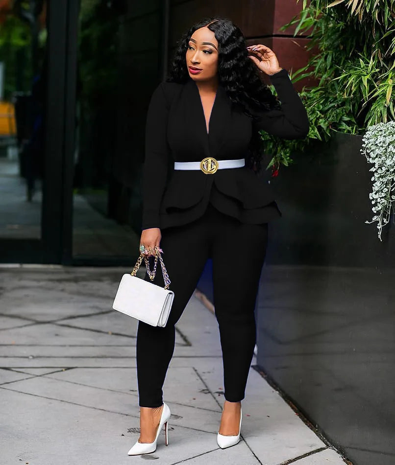 2025 Women's Formal Set 2PCS Tracksuit Full Sleeve Ruffles Blazers Pencil Pants Suit Two Piece Set Office Lady Outfits Uniform