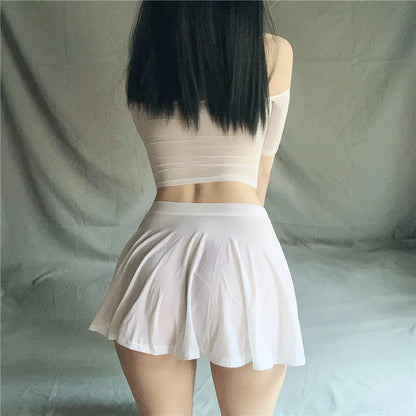 Micro Mini Skirt Club Sexy Wear Sheer See Through Skirts Sexy Women Ice Silk A-Line Pleated Skirt Low Rise Waist Ruffled Skirt