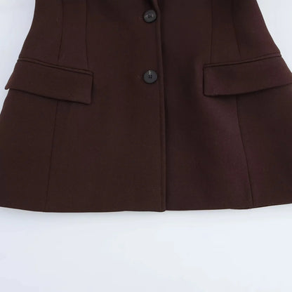 KONDALA 2025 Fall Winter Brown Elegant Office Lady Suits Fashion Shrug Pockets Blazers Elegant Zipper Skirts Chic Baggy Pants