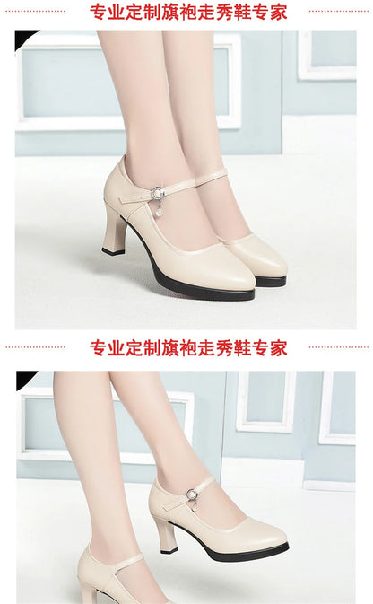 High Heels Comfort Platform Pumps 2024 Spring New Fashion Buckle Solid Black Shoes Woman Soft Leather Waterproof Single Shoes