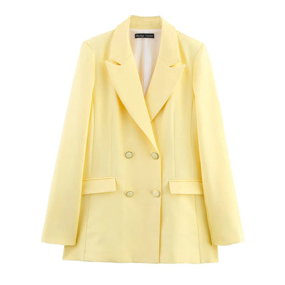 KONDALA Elegant Yellow Blazer Women's Double-breasted Lapel Blazer Fashion High Street 2025 Spring Summer Holidays Commute Suit
