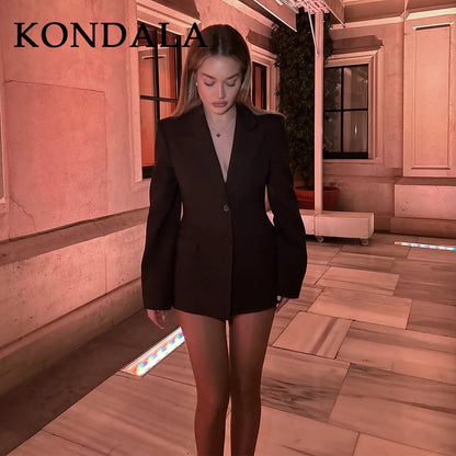 KONDALA 2025 Fall Winter Brown Elegant Office Lady Suits Fashion Shrug Pockets Blazers Elegant Zipper Skirts Chic Baggy Pants