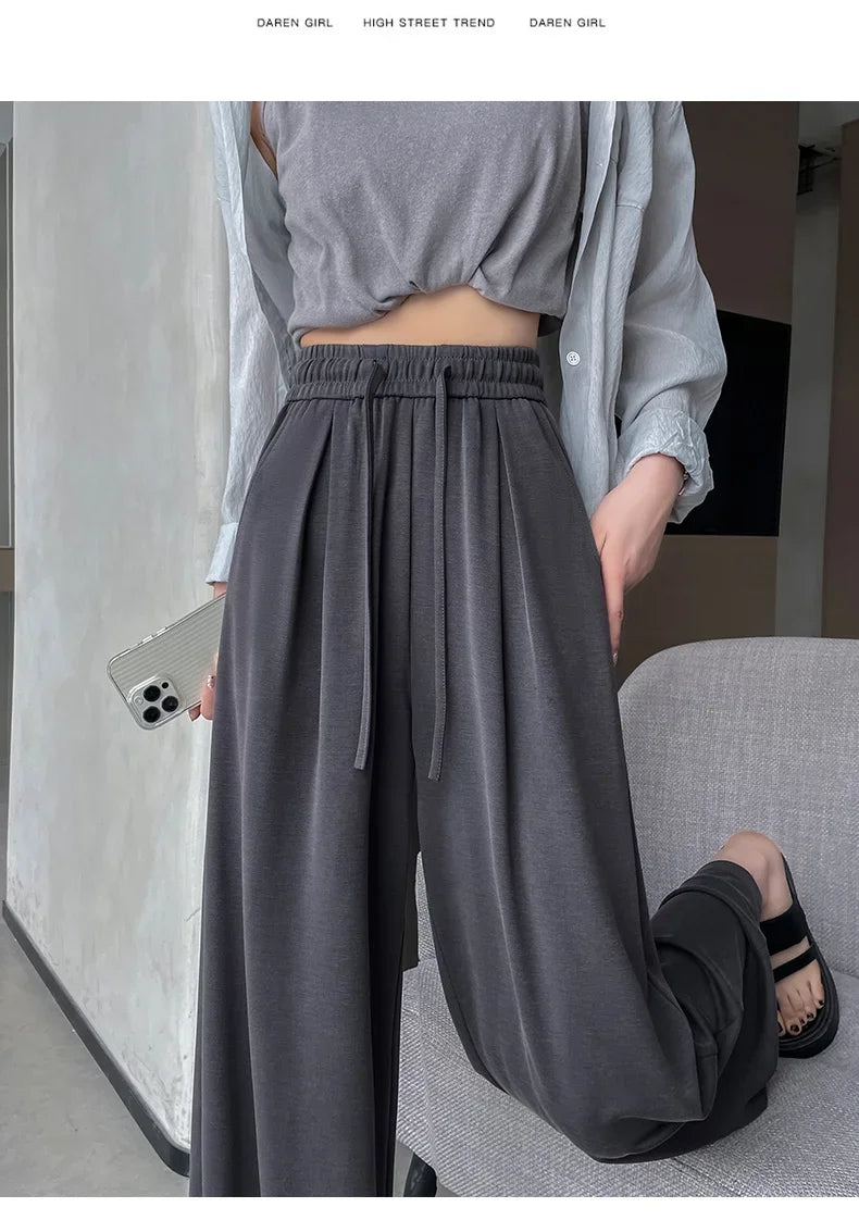 2024 New Summer Women's Casual Pants High Waist Solid Minimalism Loose Floor Length Wide Leg Trousers Female